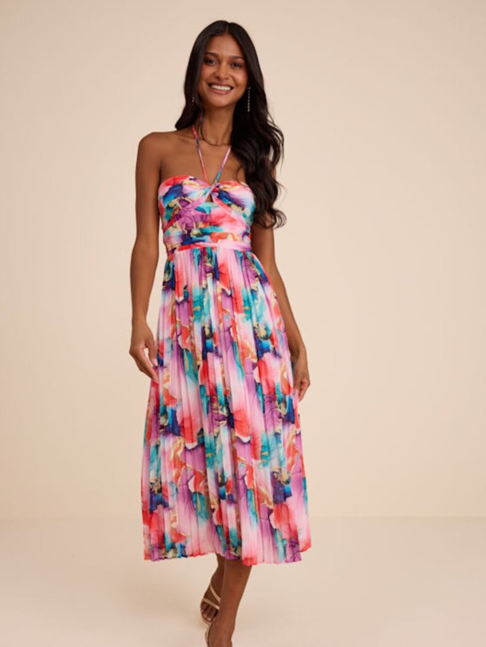 Lulus Anara Pink Multi Floral Pleated Halter Midi Dress - Size L
